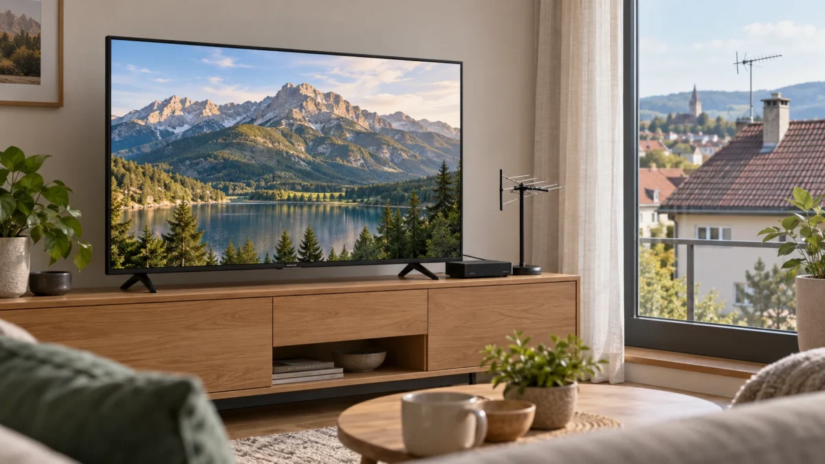 Telewizor z krajobrazem na ekranie, dekoder i antena pokojowa przy oknie z widokiem na antenę dachową
