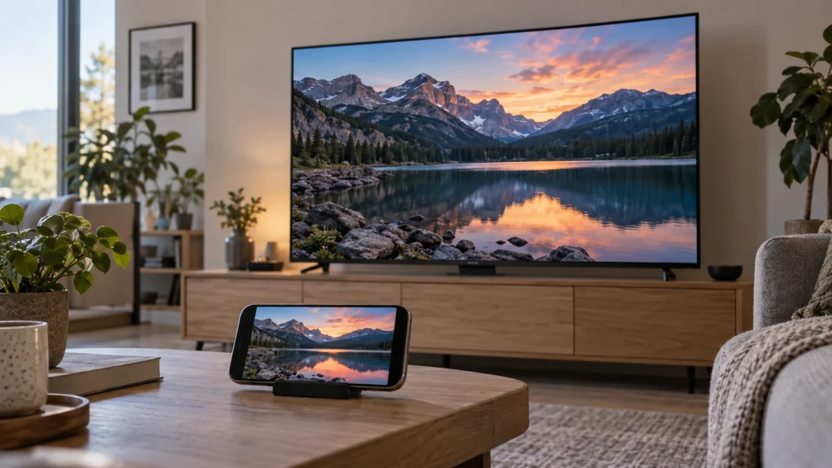 Telefon i telewizor wyświetlające to samo zdjęcie górskiego jeziora