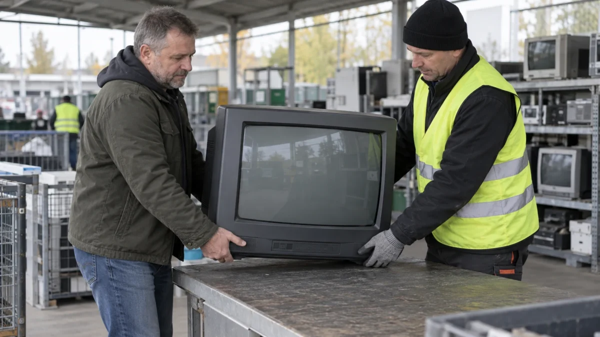 Przekazanie starego telewizora kineskopowego pracownikowi punktu zbiórki elektroodpadów