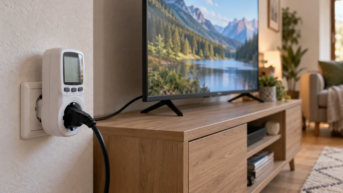 Watomierz gniazdkowy z podłączoną wtyczką zasilającą telewizor w salonie