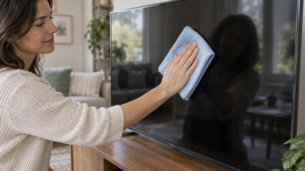 Kobieta delikatnie czyści wyłączony ekran telewizora miękką ściereczką z mikrofibry