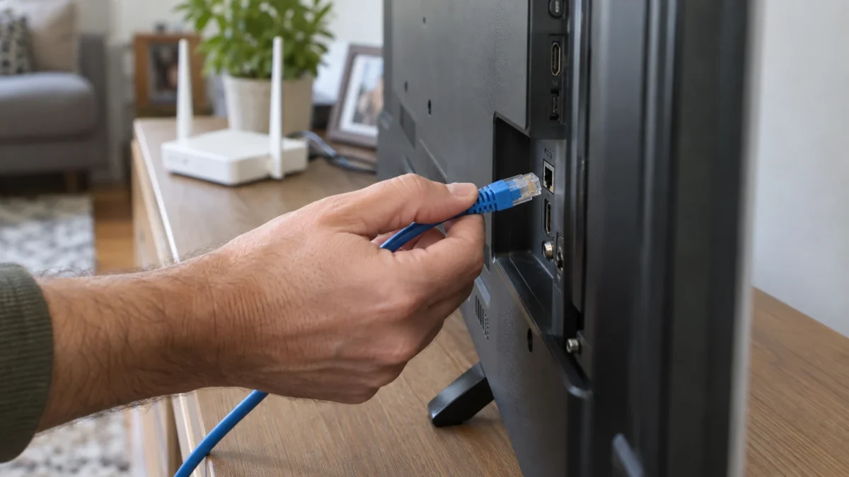 Podłączanie kabla Ethernet do portu sieciowego telewizora, z routerem w tle