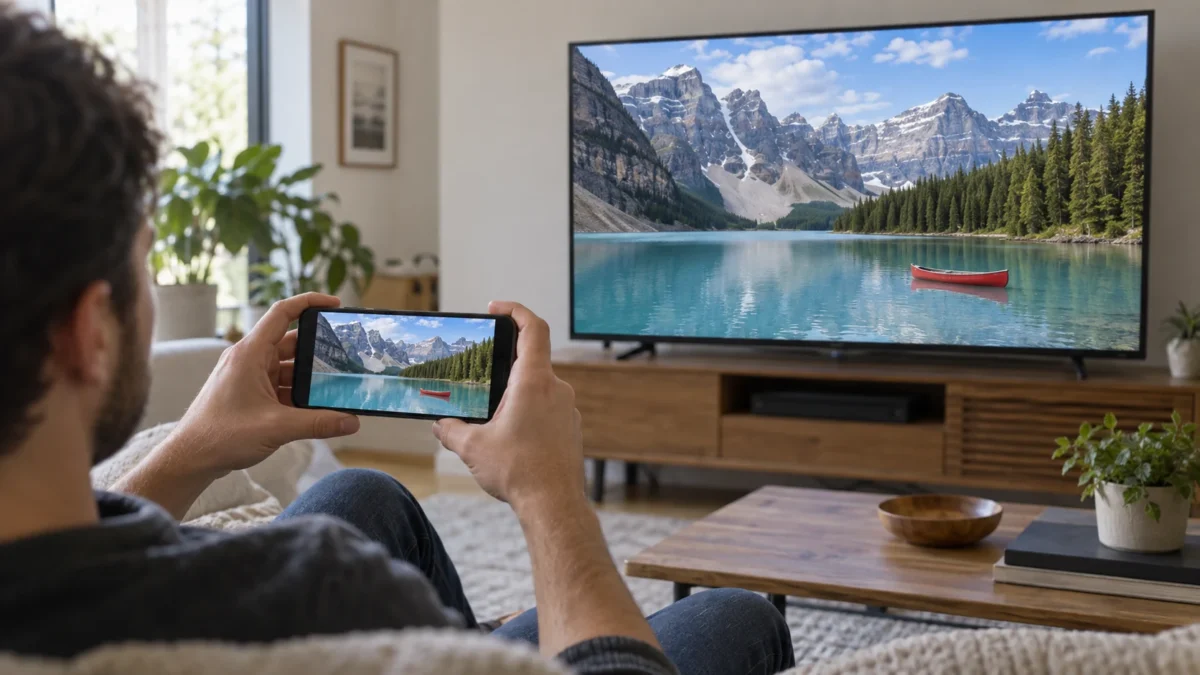 Telefon i telewizor wyświetlają to samo zdjęcie jeziora podczas udostępniania obrazu