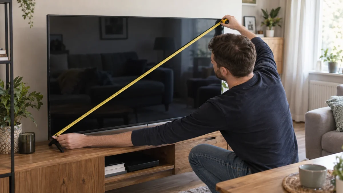 Mężczyzna mierzy miarką przekątną ekranu telewizora w salonie