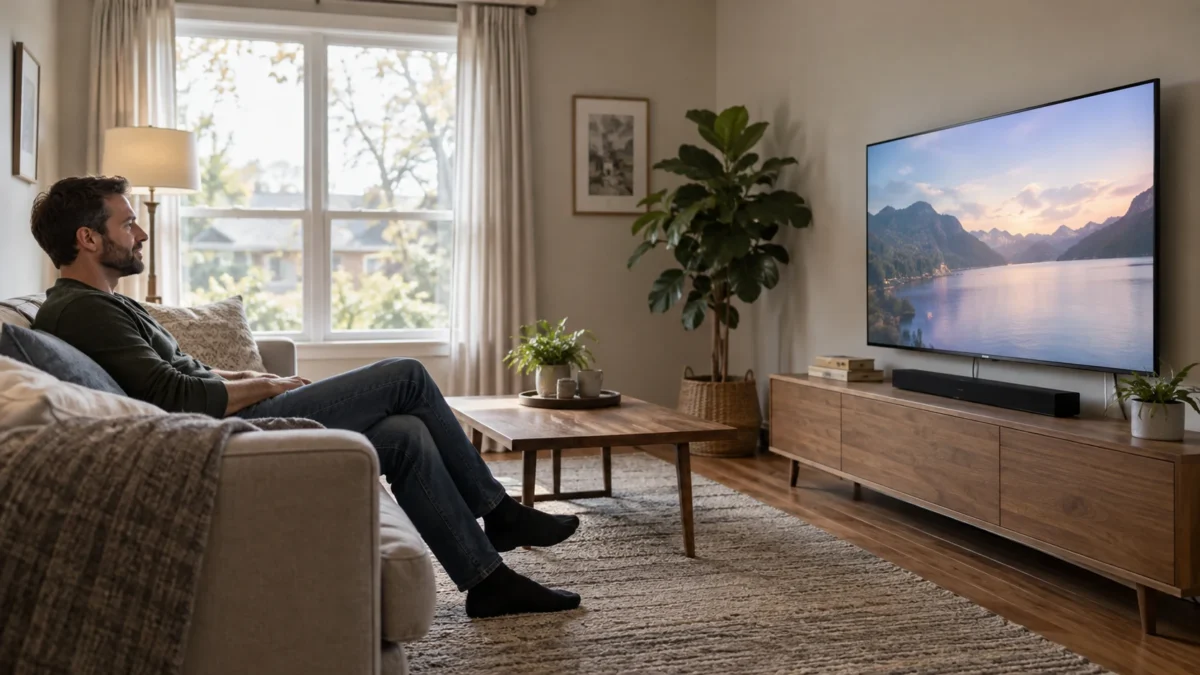 Mężczyzna siedzący na kanapie ogląda telewizor zawieszony na ścianie ze środkiem ekranu na wysokości oczu