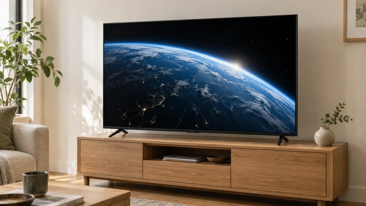 Telewizor na drewnianej szafce w jasnym salonie, wyświetlający Ziemię widzianą z kosmosu.