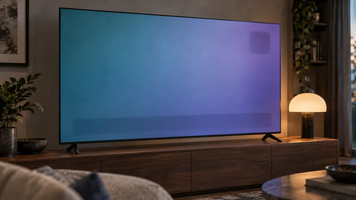 Ilustracja telewizora OLED z cieniem prostokątnego elementu i poziomego paska na ekranie.